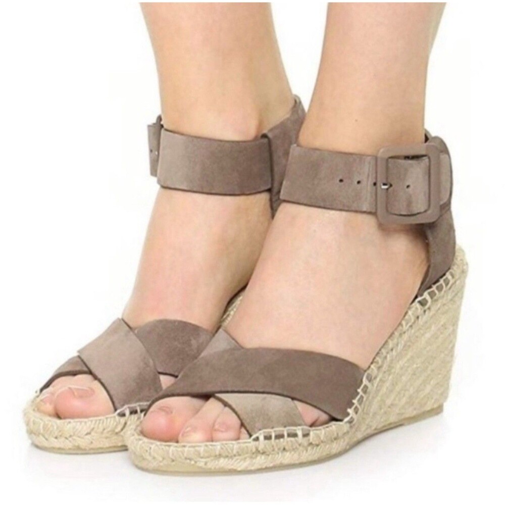 Vince Stefania Sport Suede Taupe Ankleโ Strap 3" Wedge Espadrille Shoe Size 9 M